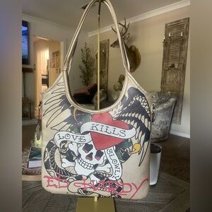 Ed Hardy Metallic Gold Tote with Skull and Heart